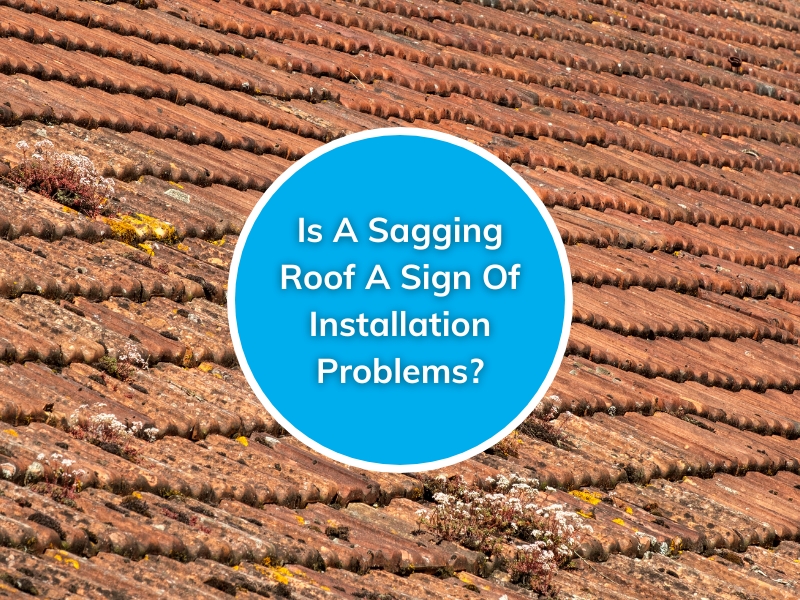 Tile roof showing visible sagging, moss, and signs of improper installation with a text overlay about roof sagging.